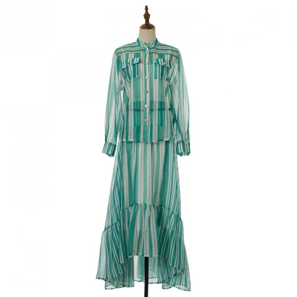 Designer-style Rebellion Bohemian Green Striped Blouse and Skirt Set